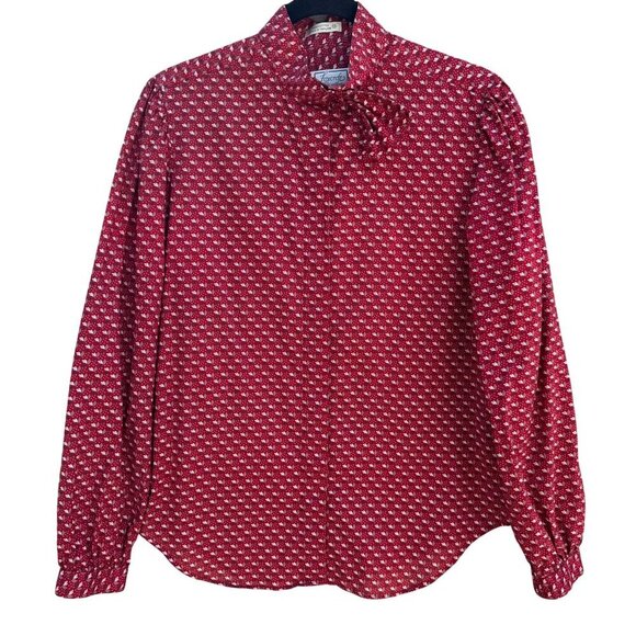 Foxcroft Vintage Womens Red White Button-Up Bow Detail Balloon Sleeve Blouse - Picture 1 of 10